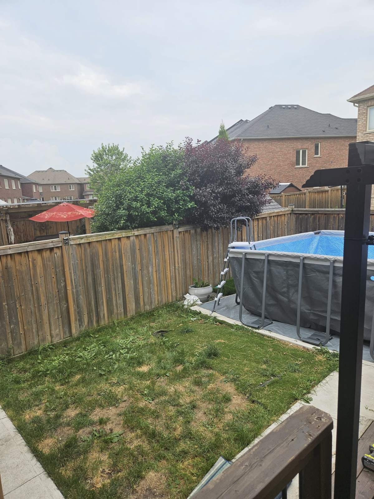 Finished above-ground pool tucked against the fence in a tidy backyard