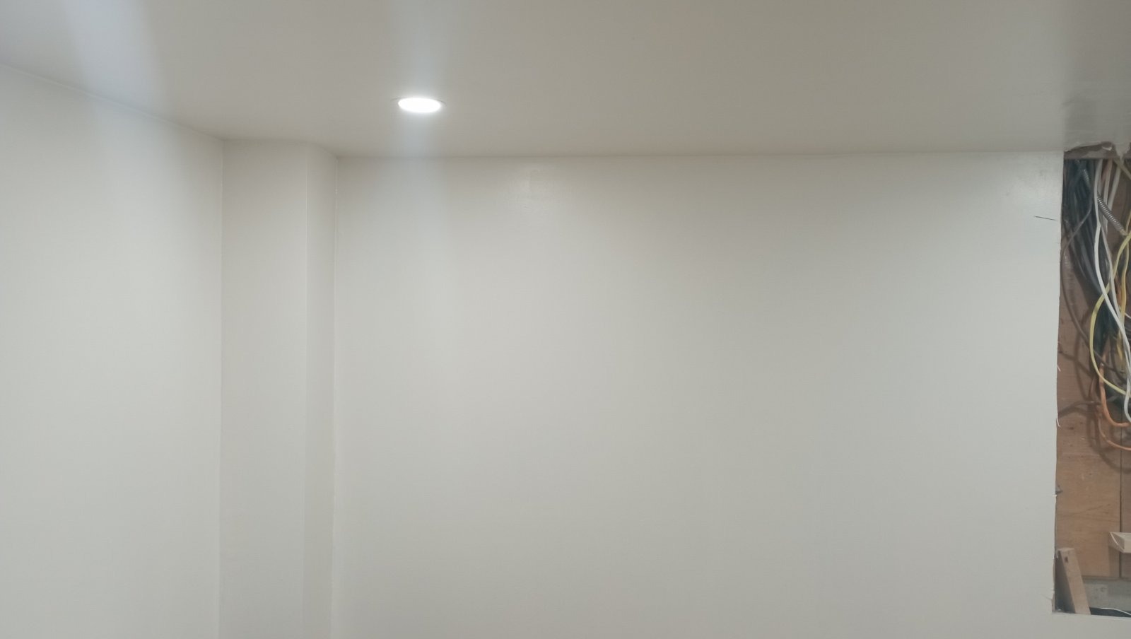 Freshly painted basement wall with pot light overhead